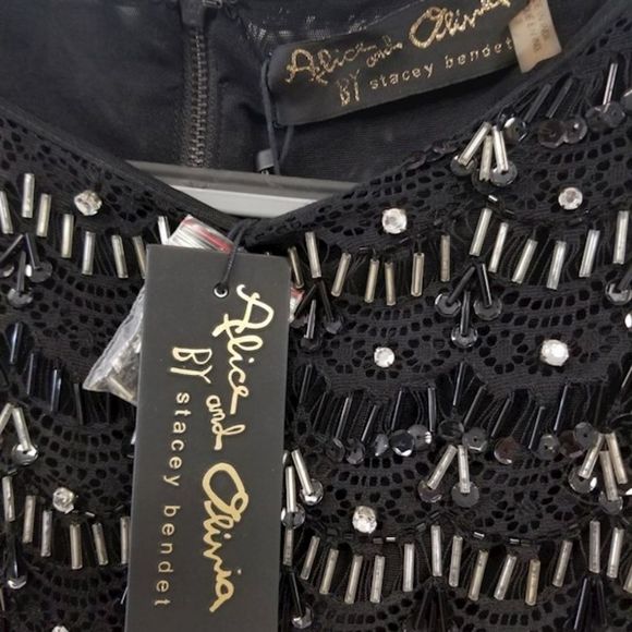 ALICE & OLIVIA Black Beaded 3/4 Sleeve Dress Sz0 - Picture 4 of 8